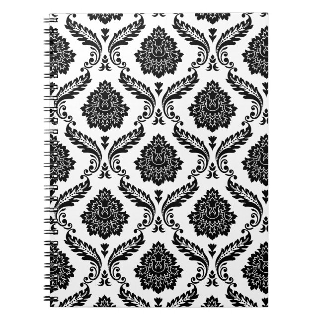 Rococo Damask Pattern Black on White Notebook (Front)