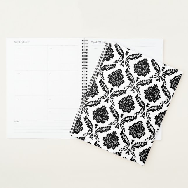 Rococo Damask Pattern Black on White Planner (Display)
