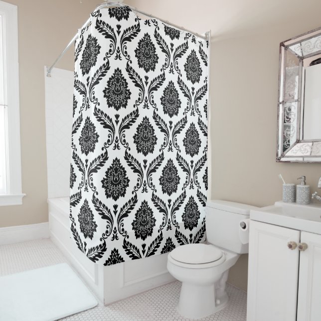 Rococo Damask Pattern Black on White Shower Curtain (In Situ)