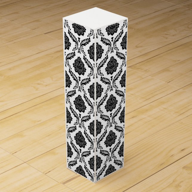 Rococo Damask Pattern Black on White Wine Box (Front)