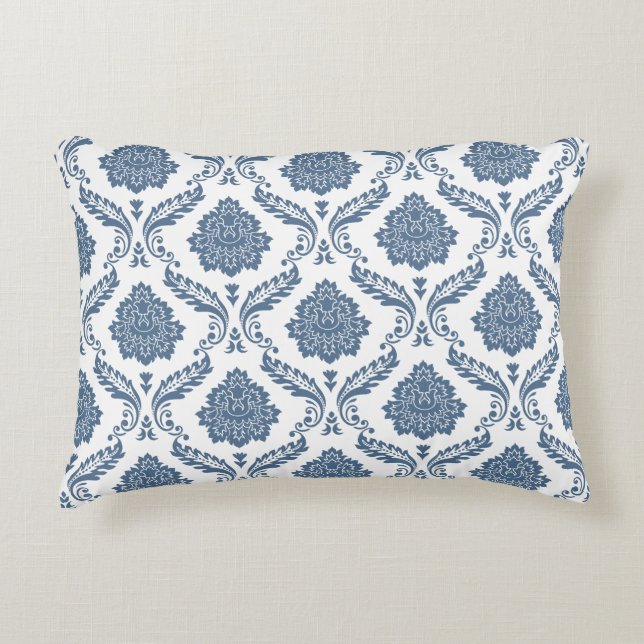 Rococo Damask Pattern Blue on White Accent Pillow (Front)