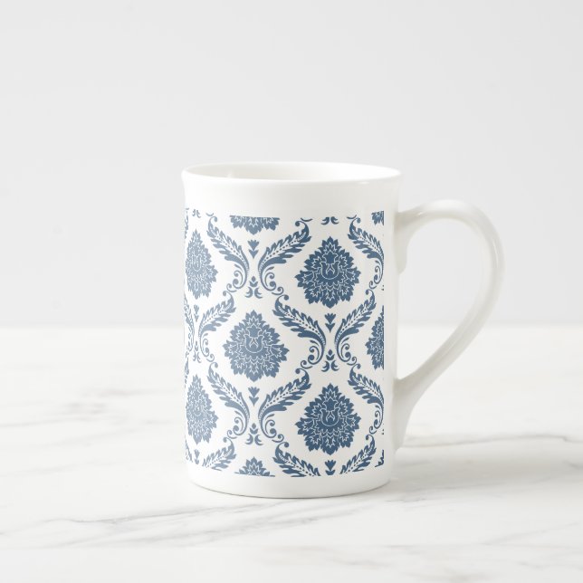 Rococo Damask Pattern Blue on White Bone China Mug (Right)
