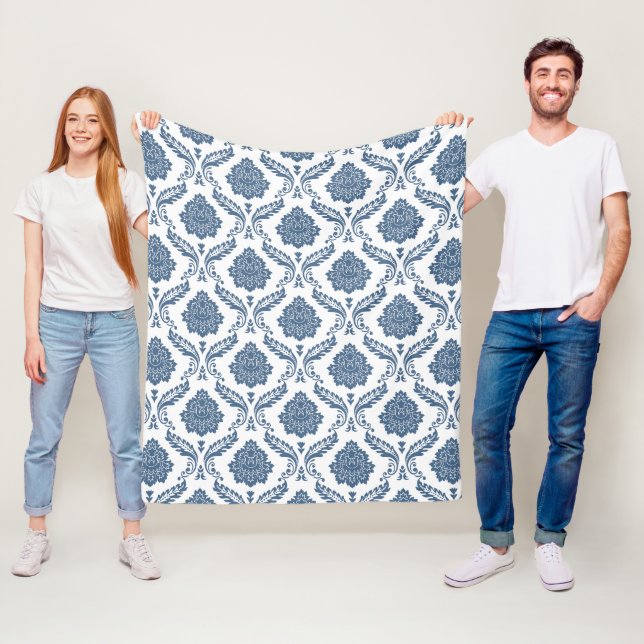 Rococo Damask Pattern Blue on White Fleece Blanket (In Situ)