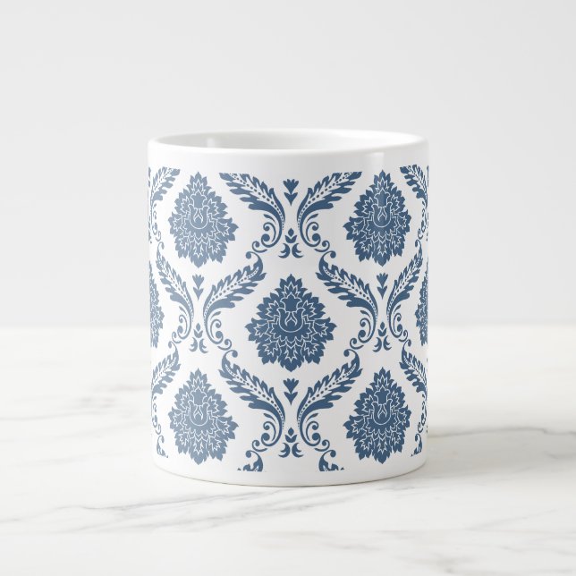 Rococo Damask Pattern Blue on White Giant Coffee Mug (Front)
