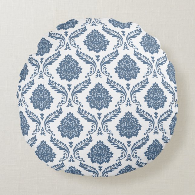 Rococo Damask Pattern Blue on White Round Pillow (Front)