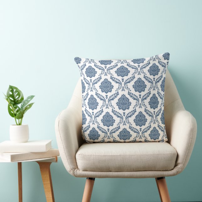 Rococo Damask Pattern Blue on White Throw Pillow (Chair)