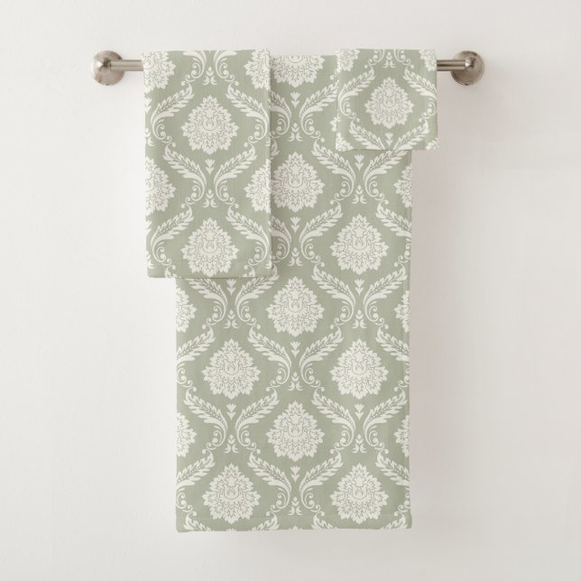 Rococo Damask Pattern Cream on Green Bath Towel Set (Insitu)