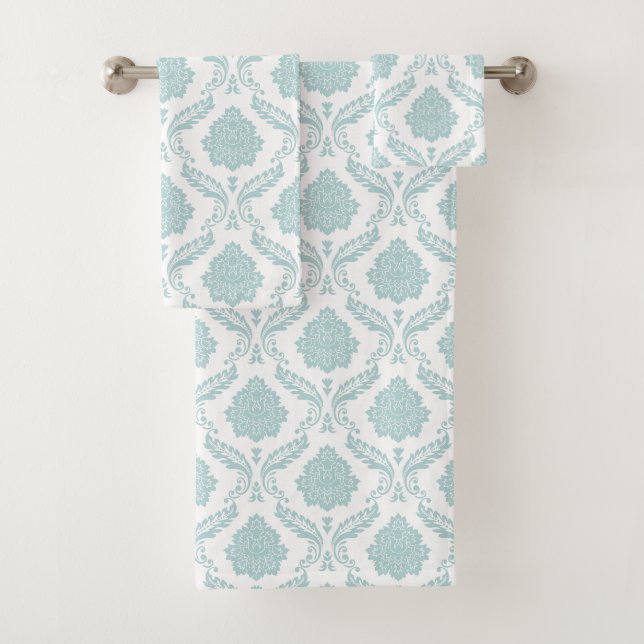 Rococo Damask Pattern Duck Egg Blue on White Bath Towel Set (Insitu)