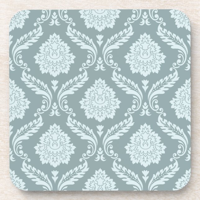 Rococo Damask Pattern Duck Egg Blue+Teal Beverage Coaster (Front)
