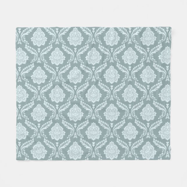 Rococo Damask Pattern Duck Egg Blue+Teal Fleece Blanket (Front (Horizontal))