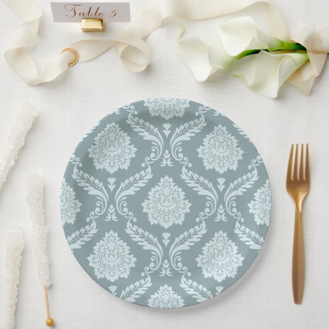 Rococo Damask Pattern Duck Egg Blue+Teal Paper Plates (Wedding)