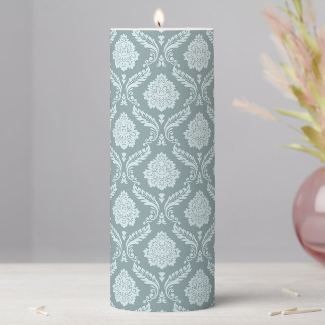 Rococo Damask Pattern Duck Egg Blue+Teal Pillar Candle (In Situ)