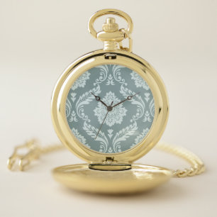 Rococo Damask Pattern Duck Egg Blue+Teal Pocket Watch