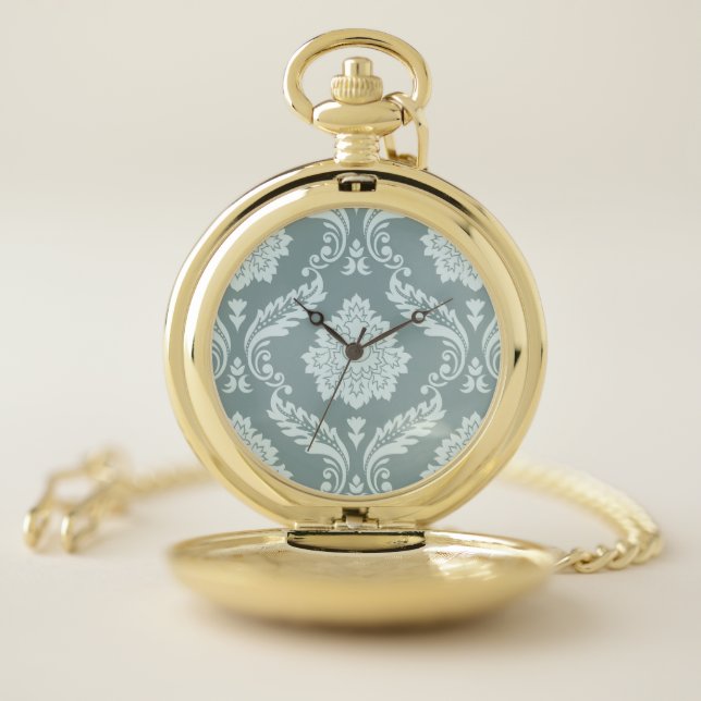 Rococo Damask Pattern Duck Egg Blue+Teal Pocket Watch (Inside)
