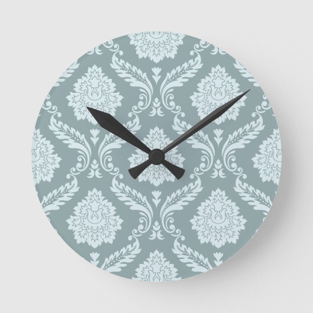 Rococo Damask Pattern Duck Egg Blue+Teal Round Clock (Front)