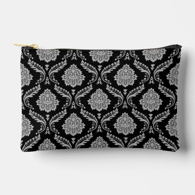 Rococo Damask Pattern Gray on Black Accessory Pouch (Front)