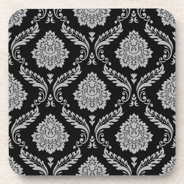 Rococo Damask Pattern Gray on Black Beverage Coaster (Front)