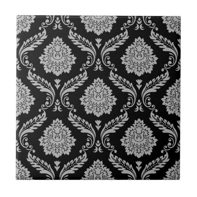 Rococo Damask Pattern Gray on Black Ceramic Tile (Front)