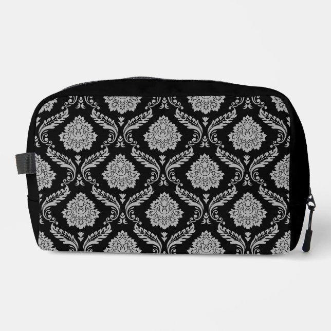 Rococo Damask Pattern Gray on Black Dopp Kit (Front)