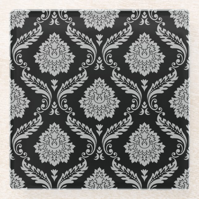 Rococo Damask Pattern Gray on Black Glass Coaster (Front)