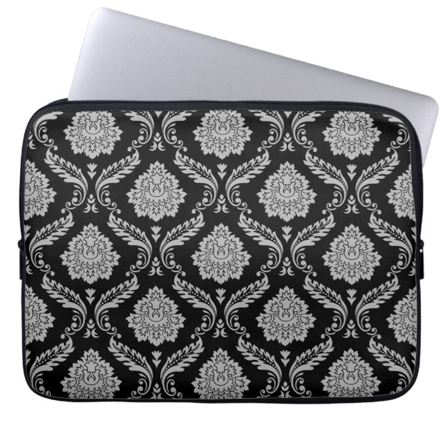 Rococo Damask Pattern Gray on Black Laptop Sleeve (Front)