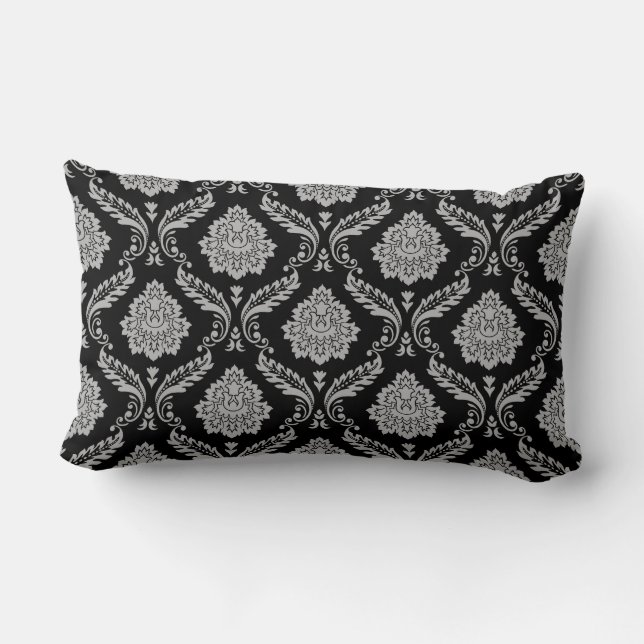 Rococo Damask Pattern Gray on Black Lumbar Pillow (Back)