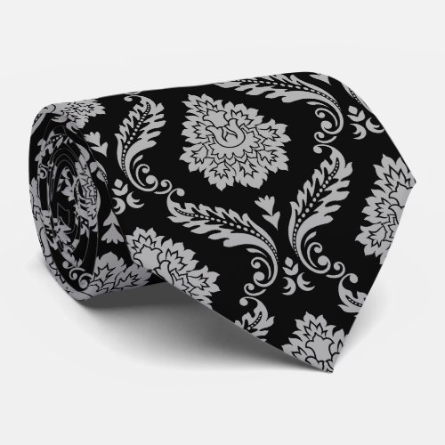 Rococo Damask Pattern Gray on Black Neck Tie