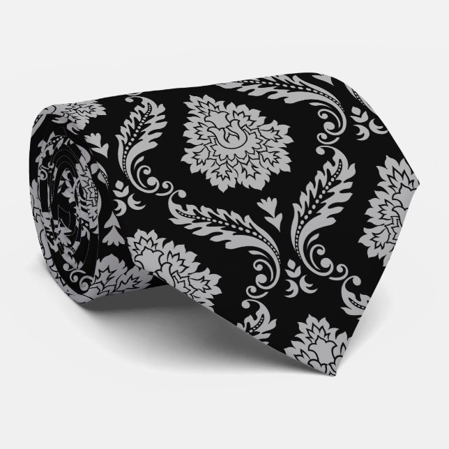 Rococo Damask Pattern Gray on Black Neck Tie (Rolled)