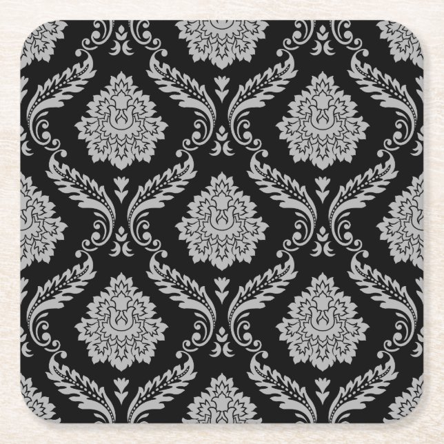 Rococo Damask Pattern Gray on Black Square Paper Coaster (Front)