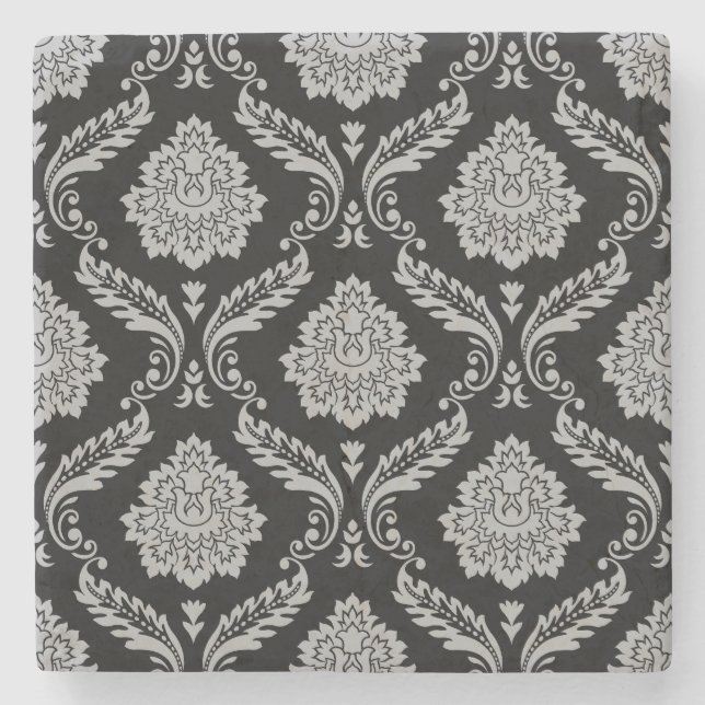 Rococo Damask Pattern Gray on Black Stone Coaster (Front)