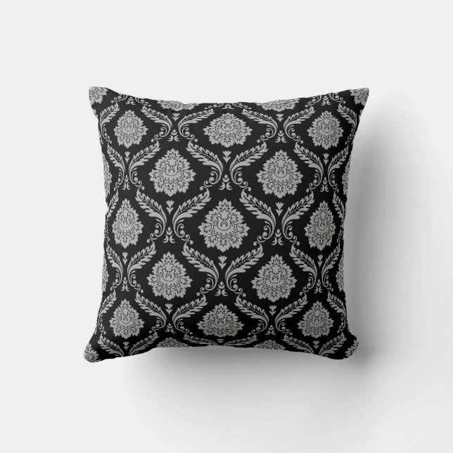 Rococo Damask Pattern Gray on Black Throw Pillow (Back)