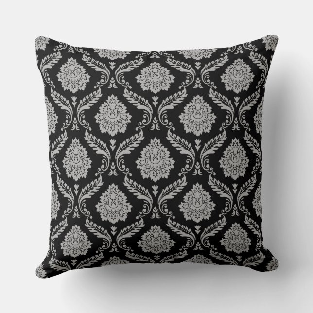 Rococo Damask Pattern Gray on Black Throw Pillow (Back)