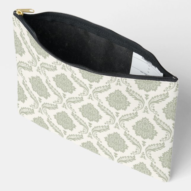 Rococo Damask Pattern Green on Cream Accessory Pouch (Open)