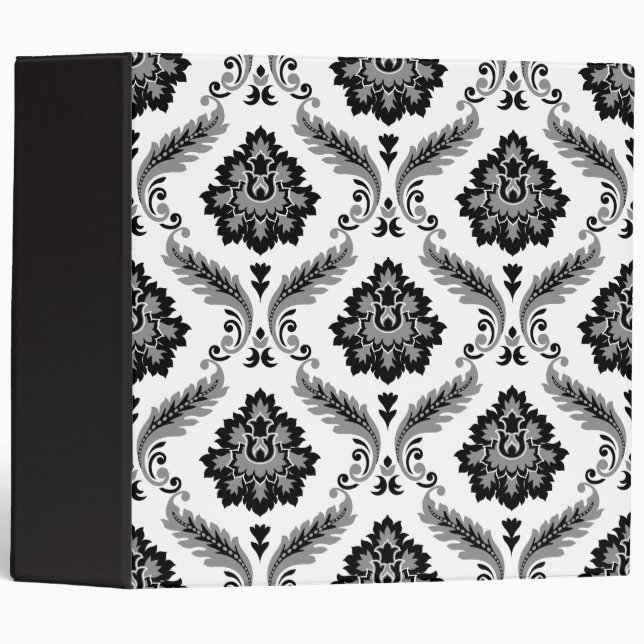 Rococo Damask Pattern Grey Black White 3 Ring Binder (Front/Spine)