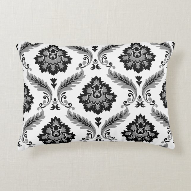 Rococo Damask Pattern Grey Black White Accent Pillow (Front)