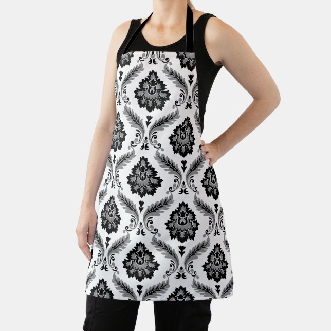 Rococo Damask Pattern Grey Black White Apron (Insitu)