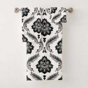 Rococo Damask Pattern Grey Black White Bath Towel Set