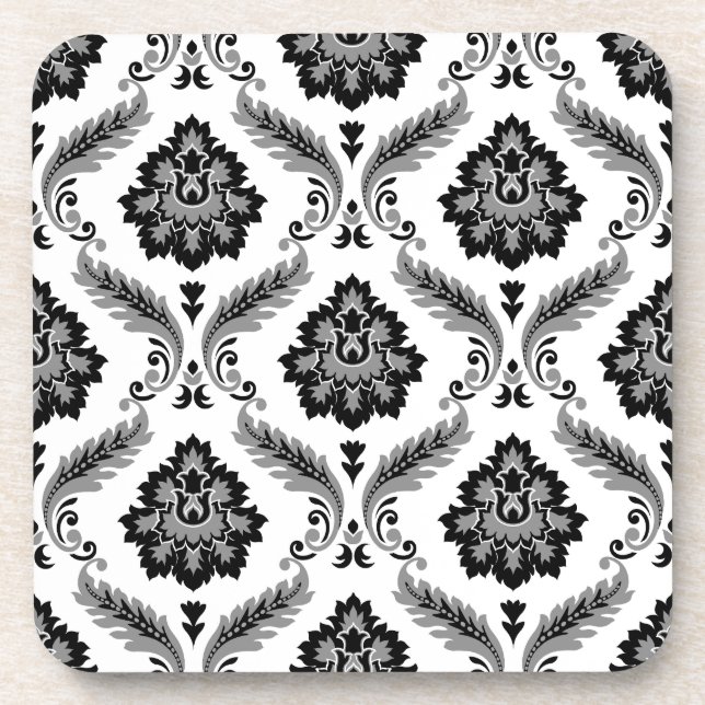 Rococo Damask Pattern Grey Black White Beverage Coaster (Front)