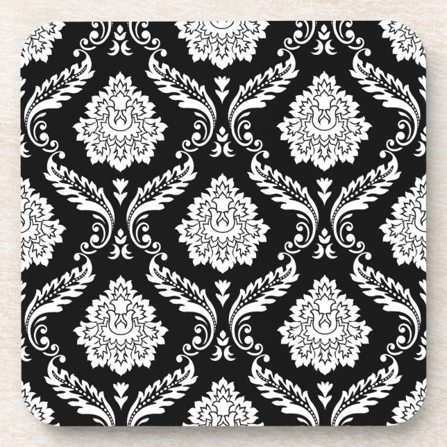 Rococo Damask Pattern White on Black Beverage Coaster (Front)