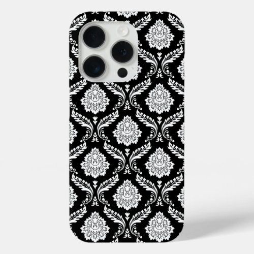 Rococo Damask Pattern White on Black  iPhone 15 Pro Case