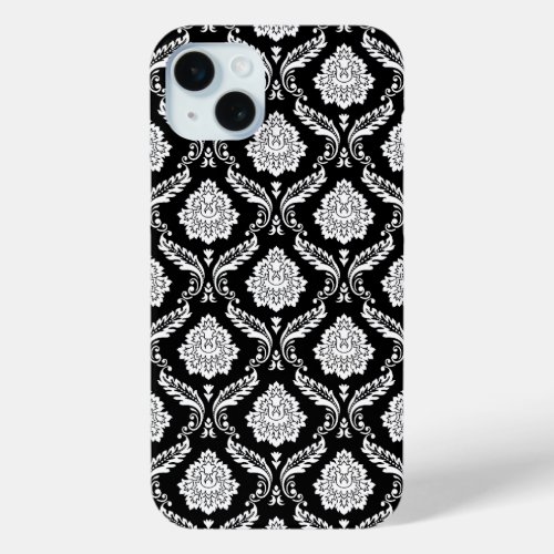 Rococo Damask Pattern White on Black  iPhone 15 Plus Case
