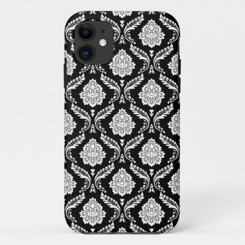 Rococo Damask Pattern White on Black  iPhone 11 Case