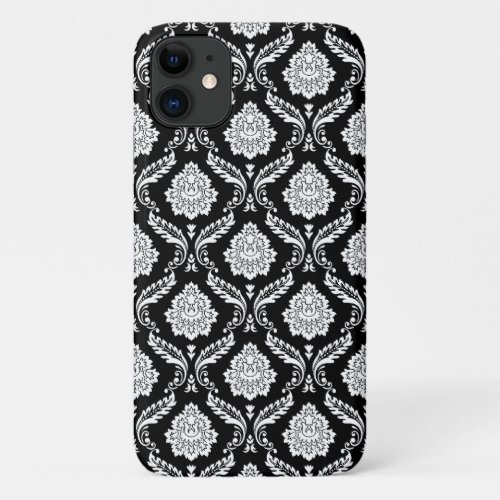 Rococo Damask Pattern White on Black  iPhone 11 Case