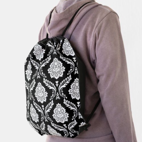 Rococo Damask Pattern White on Black Drawstring Bag