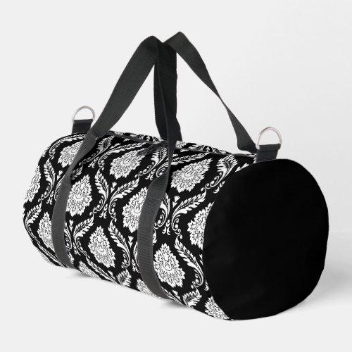 Rococo Damask Pattern White on Black Duffle Bag