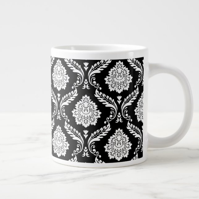 Rococo Damask Pattern White on Black Giant Coffee Mug (Right)