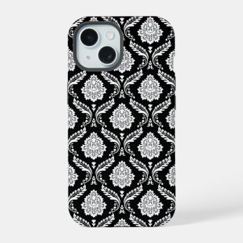 Rococo Damask Pattern White on Black  iPhone 15 Case