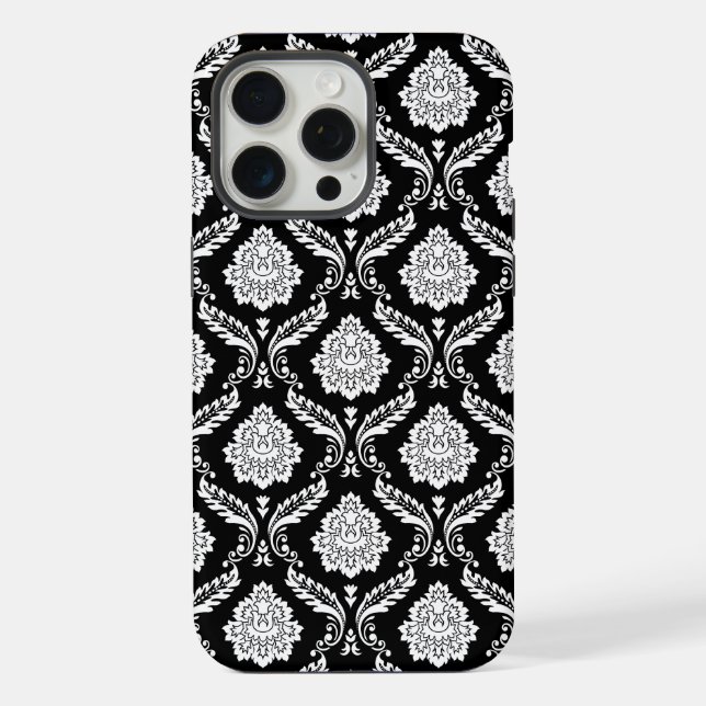 Rococo Damask Pattern White on Black  iPhone Case (Back)