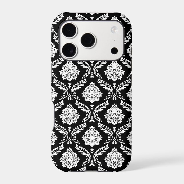 Rococo Damask Pattern White on Black  iPhone Case (Back)