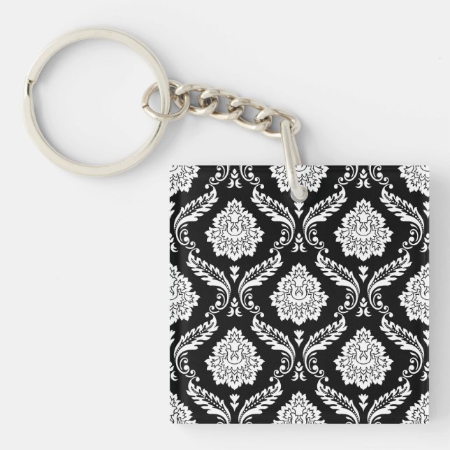 Rococo Damask Pattern White on Black Keychain (Front)